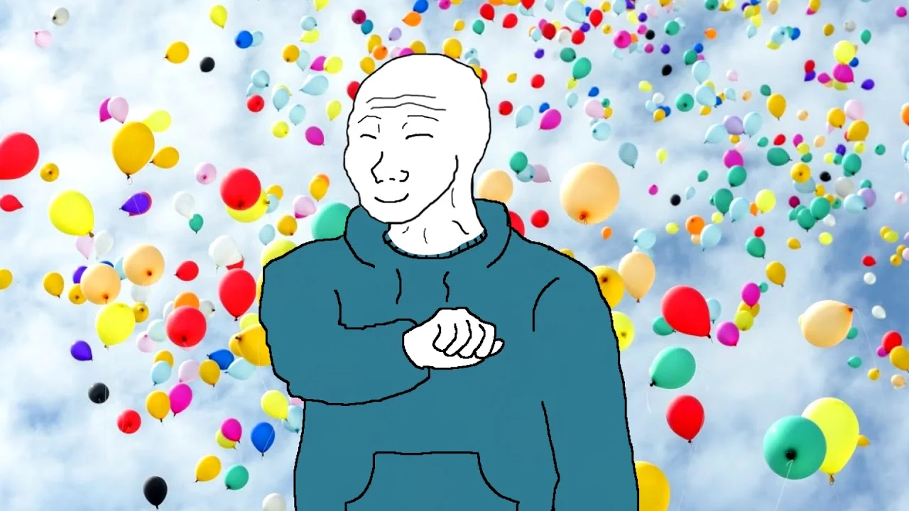 Smiling Bloomer Wojak in teal hoodie surrounded by colorful balloons in the sky