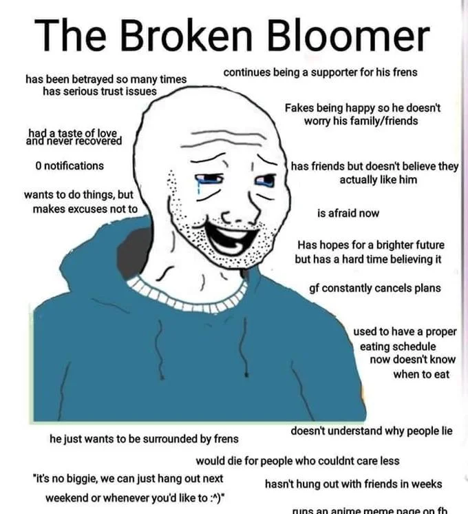 The Broken Bloomer character sheet showing tearful Wojak with bittersweet traits
