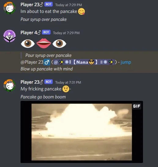 Blows Up Pancakes with Mind — Discord chat screenshot showing players roleplaying blowing up a pancake with their mind, ending in an explosion GIF