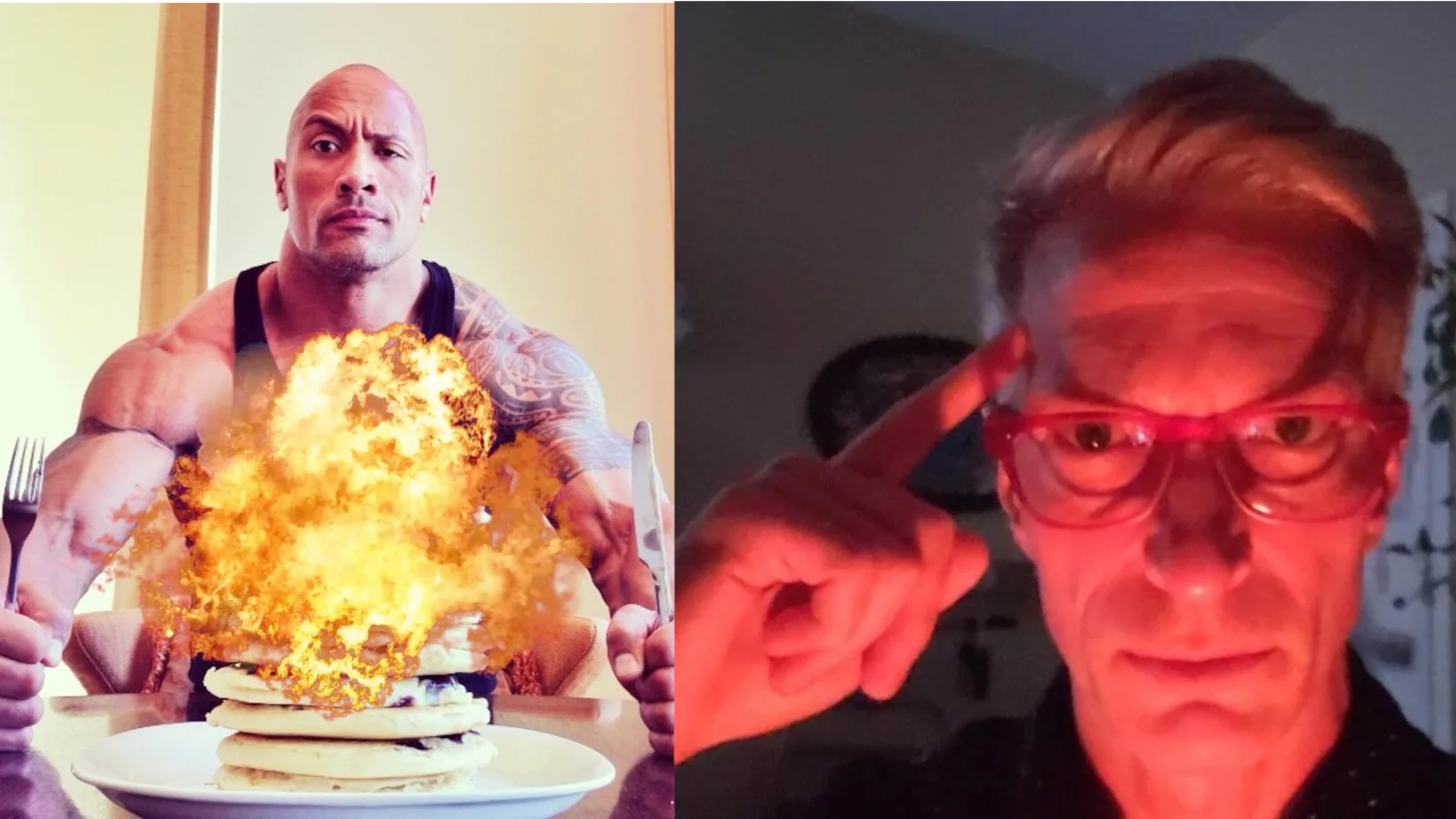 Blows Up Pancakes with Mind — The Rock sitting before flaming pancakes beside a man pressing fingers to his head in concentration