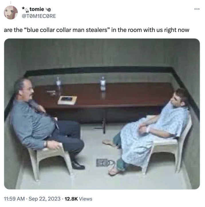 Tweet joking about 'blue collar man stealers' with an image of a psychiatrist interviewing a patient in a hospital room.