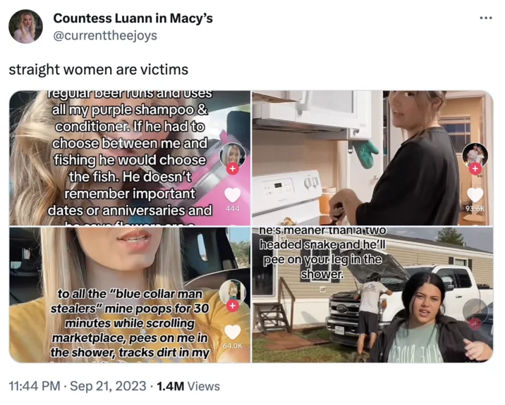 Blue Collar Man Stealers — Twitter screenshot with four TikTok stills showing women complaining about their blue-collar partners' habits.