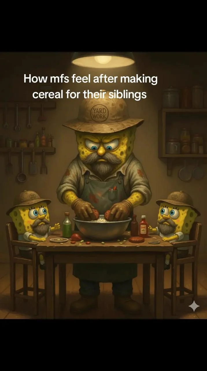 Blue Collar SpongeBob character seated at a table in a warm kitchen-like setting with bowls of cereal, with text overlay joking about preparing breakfast.