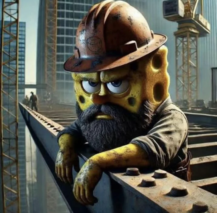Blue Collar Spongebob — AI-generated image of SpongeBob SquarePants as a weathered blue-collar construction worker wearing a hard hat and work clothes on steel