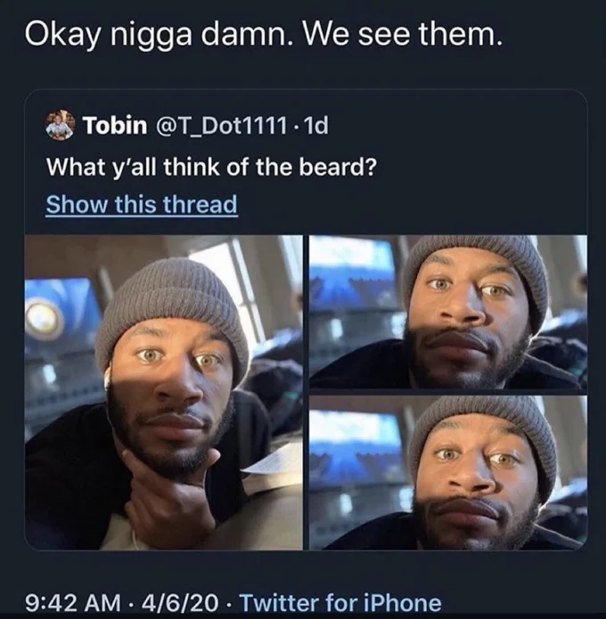 Blue Eyes Slander — Tweet with selfies of a man with strikingly light eyes, captioned 'Okay we see them'.