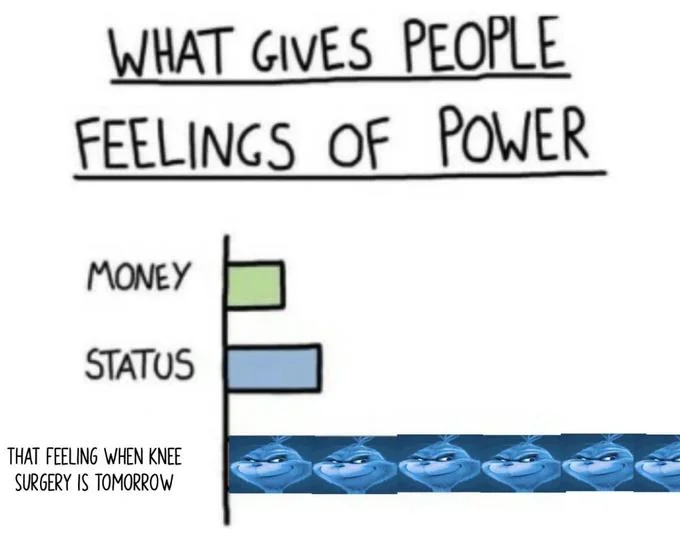'What gives people feelings of power' bar chart topped by repeating blue Grinch faces labeled knee surgery