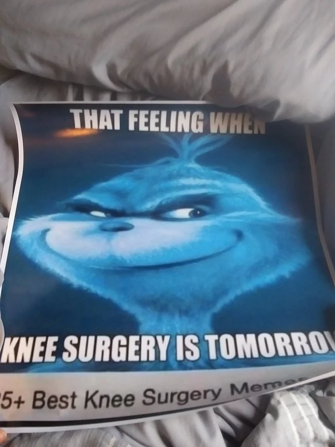 Printed blue Grinch knee surgery meme laying on a bed