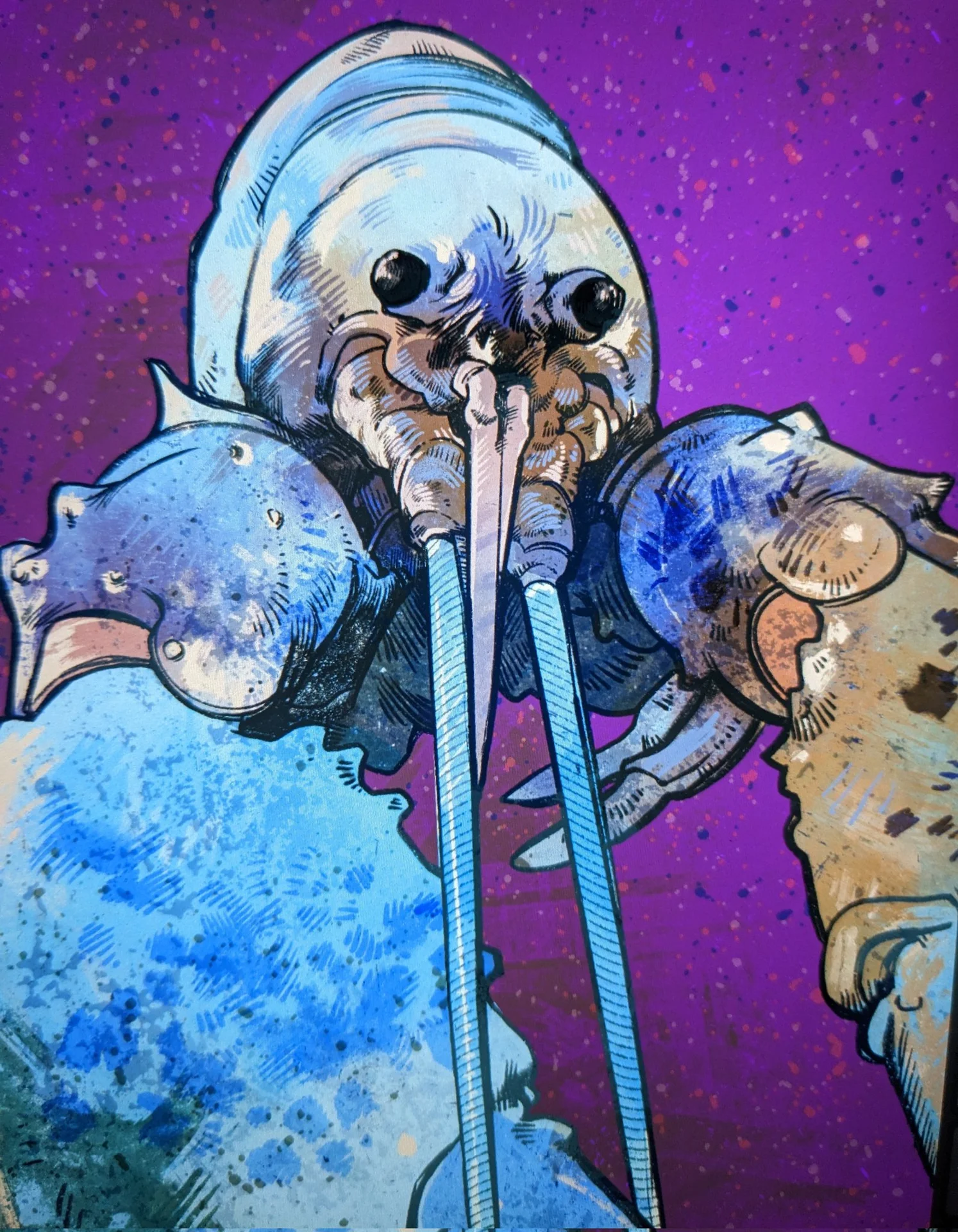 Blue Lobster — Illustrated artwork of a hooded lobster warrior in blue and purple ink style.