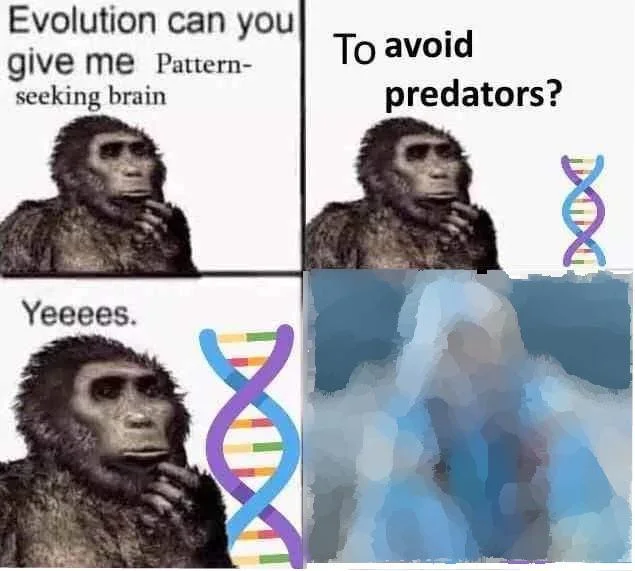 Four-panel evolution monkey meme ending with a blurred blue lobster image.