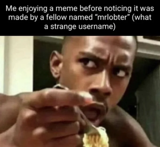 Blue Lobster — Reaction meme referencing the username 'mrlobter', with text over a confused eating photo.