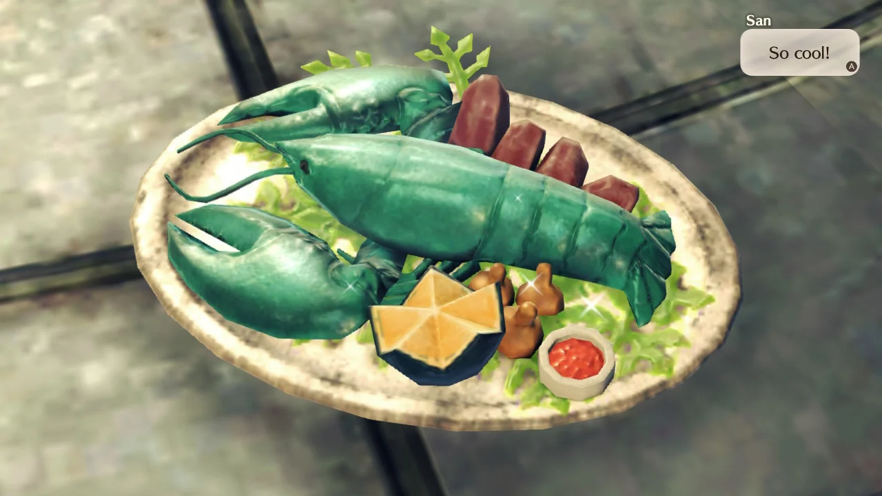 Blue Lobster — Video game screenshot of a green lobster meal with 'So cool!' dialogue overlay.