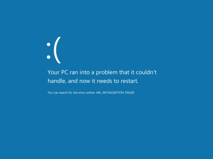 Blue Screen Of Death Bsod — Modern Windows BSOD with sad face emoticon and HAL initialization failed error