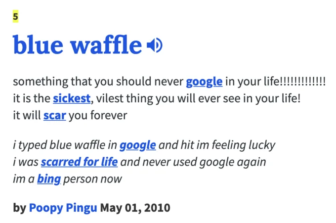 Urban Dictionary definition entry for 'blue waffle' warning against Googling it