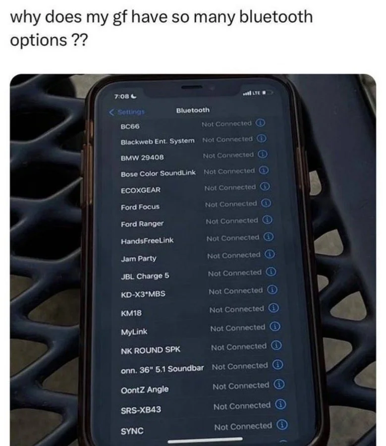 Bluetooth Connection Issue — A smartphone Bluetooth settings screen displaying a long list of devices all marked as 'Not Connected,' with caption 'why does my