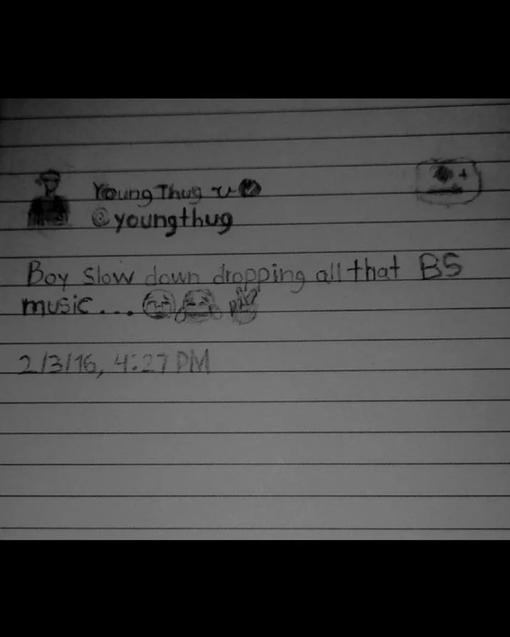 Blurry Young Thug Photo — Hand-drawn pencil sketch recreation of the Young Thug BS music tweet on lined paper.