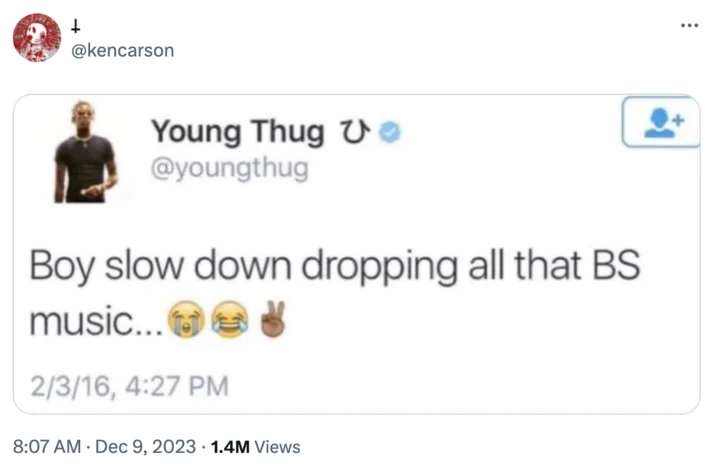 Blurry Young Thug Photo — Ken Carson tweet reposting the Young Thug BS music meme tweet.