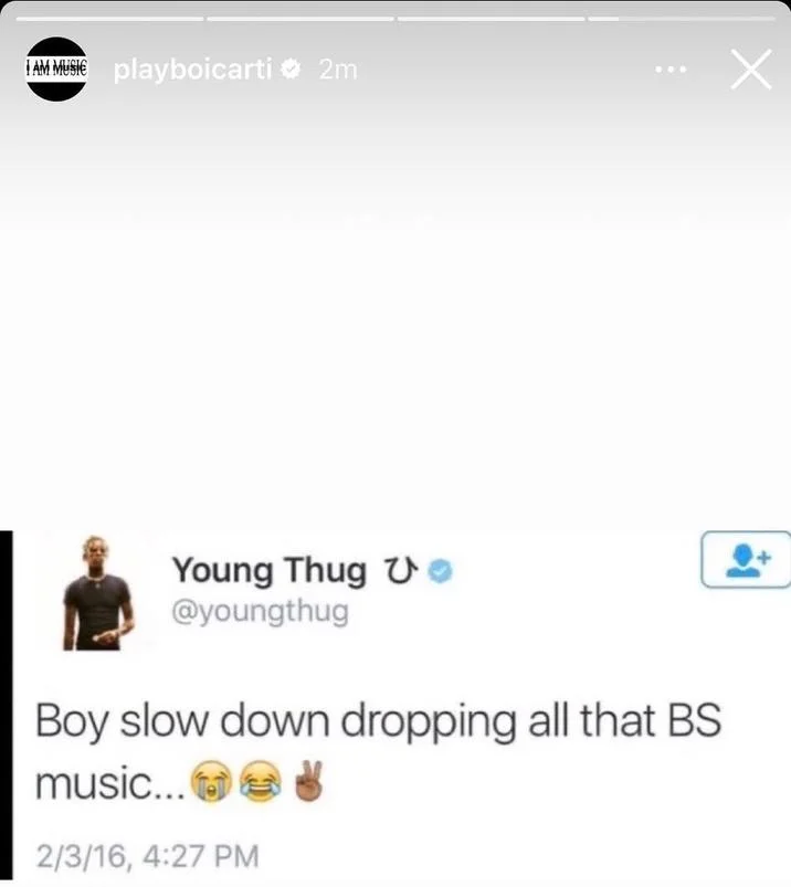 Blurry Young Thug Photo — Playboi Carti Instagram Story sharing the Young Thug BS music tweet.