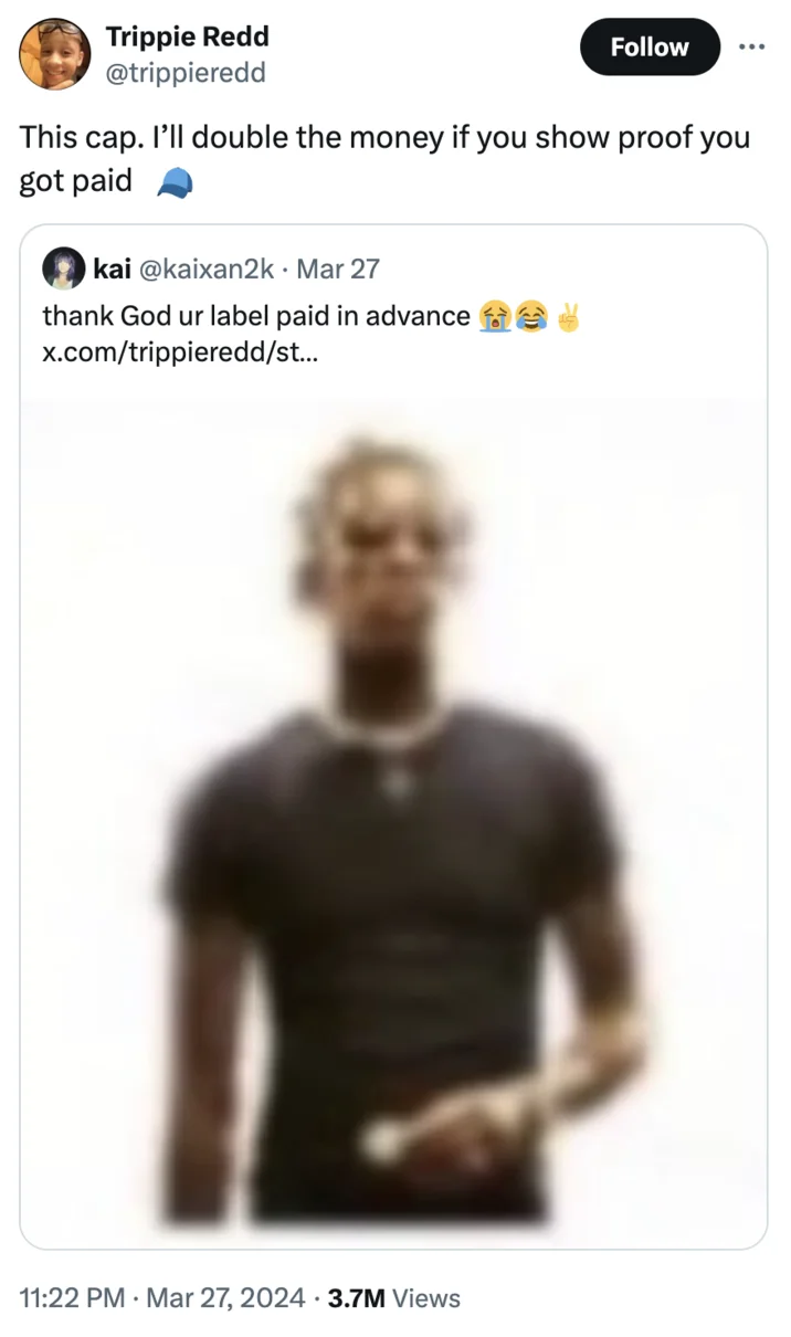 Blurry Young Thug Photo — Trippie Redd tweet replying to @kaixan2k, quoting the blurry Young Thug meme image.