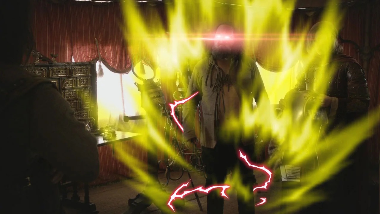 Boarposting Bobbyposting — Edited Game of Thrones screenshot of Robert Baratheon with red laser eyes and yellow lightning aura