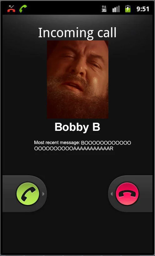 Boarposting Bobbyposting — Mock Android incoming call screen from Bobby B with a BOAR message