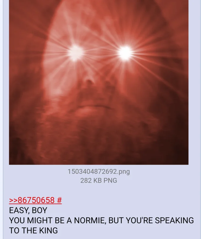 Boarposting Bobbyposting — 4chan post with glowing-eyed red Bobby B image and 'speaking to the king' caption