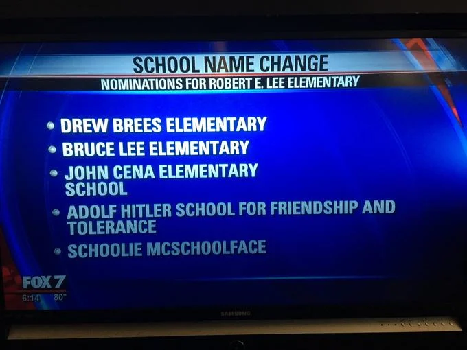 Boaty Mcboatface — Fox 7 news screen listing school renaming nominations including Schoolie McSchoolface