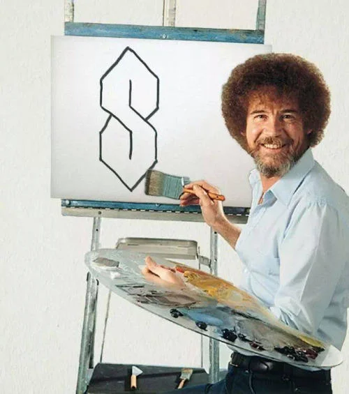 Bob Ross painting the schoolyard cool S symbol on his canvas