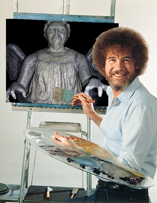Bob Ross painting a Doctor Who Weeping Angel on his canvas