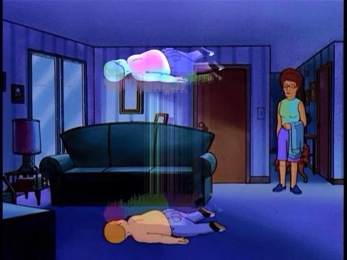 Bobby Hill Ascending — Scene from King of the Hill with Bobby's ghost form hovering above his collapsed body.