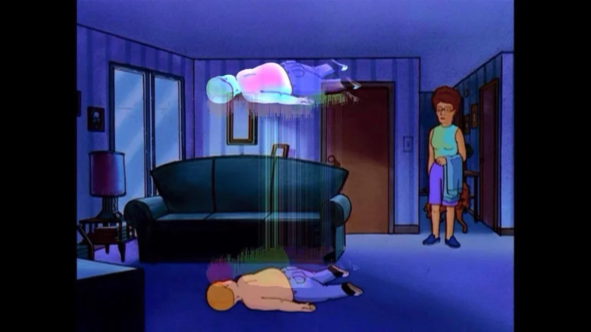 Bobby Hill Ascending — Bobby Hill lying on floor with ghostly spirit form floating above him while Peggy stands nearby.
