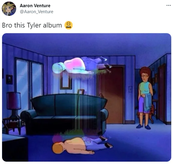 Bobby Hill Ascending — Twitter post using Bobby Hill out-of-body image to react to a Tyler the Creator album.