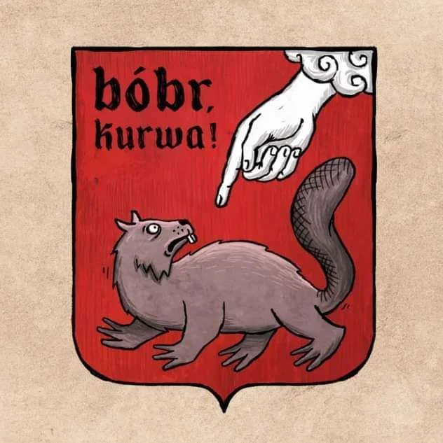 Bober — Illustrated coat of arms with a beaver and the Polish phrase bobr kurwa in Gothic script