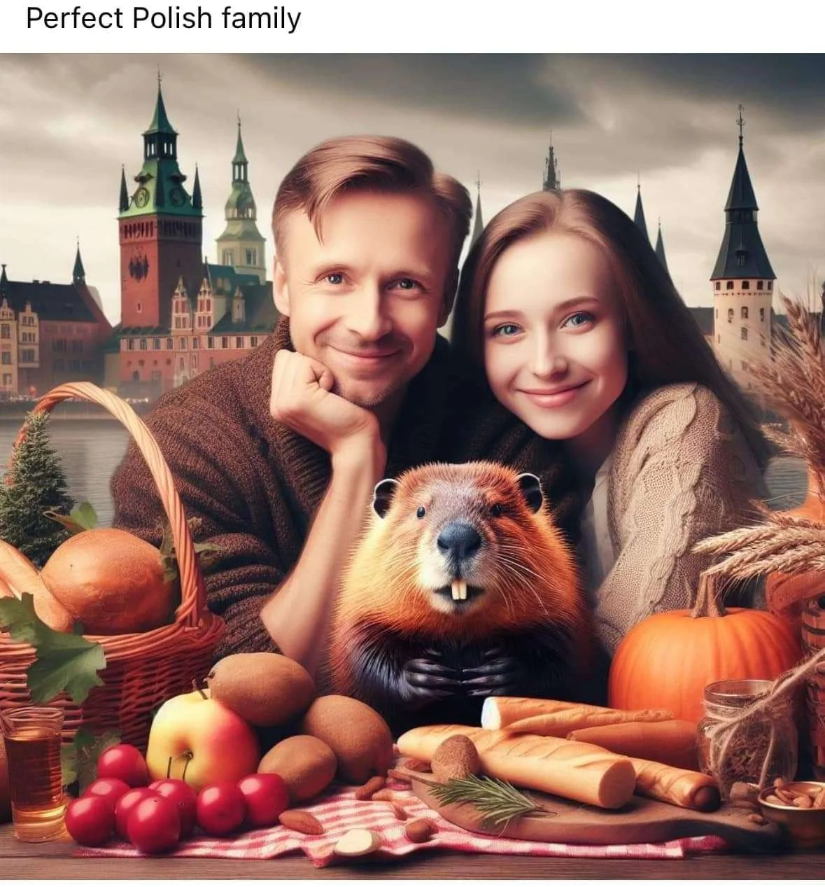 Bober — AI-generated image of a Polish couple posing with a beaver and harvest produce, captioned Perfect Polish family