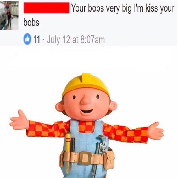 Bobs And Vegana — Facebook comment 'Your bobs very big I'm kiss your bobs' above Bob the Builder character
