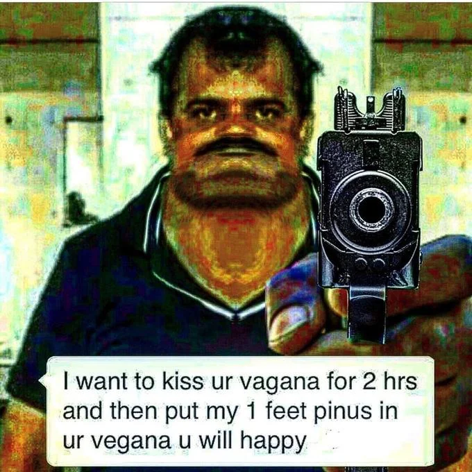 Bobs And Vegana — Deep-fried meme of bearded man pointing gun with caption about 'vagana' and '1 feet pinus'
