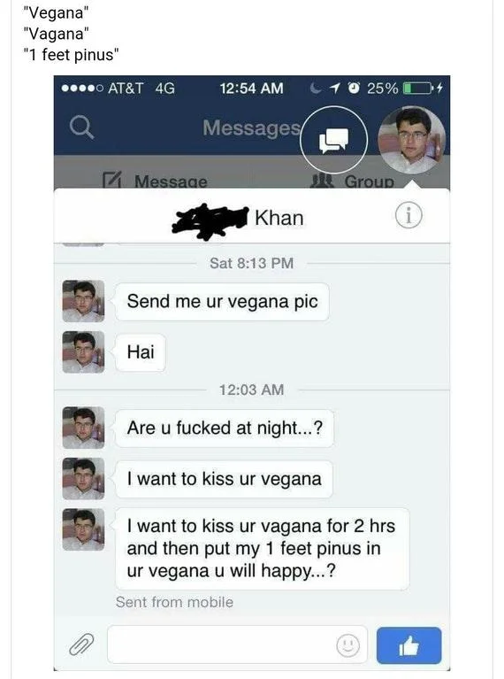 Bobs And Vegana — Messenger screenshot of a man asking for 'vegana pic' and describing '1 feet pinus'