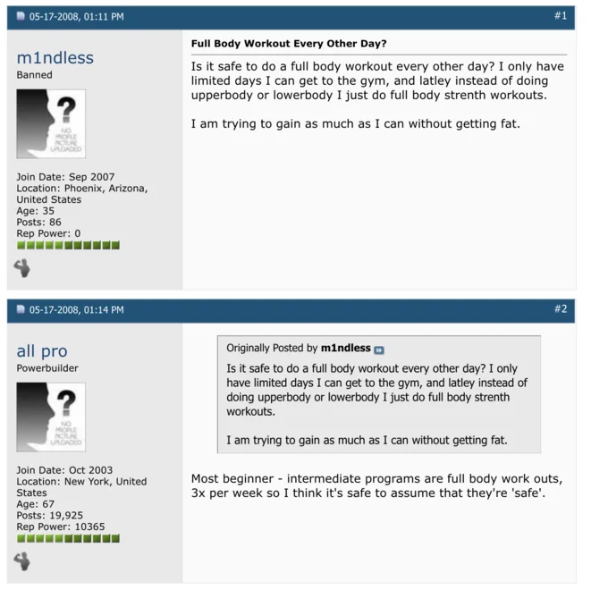 Body Building Forum "Days In A Week" Dispute — Bodybuilding.com forum post by m1ndless asking about full body workouts every other day