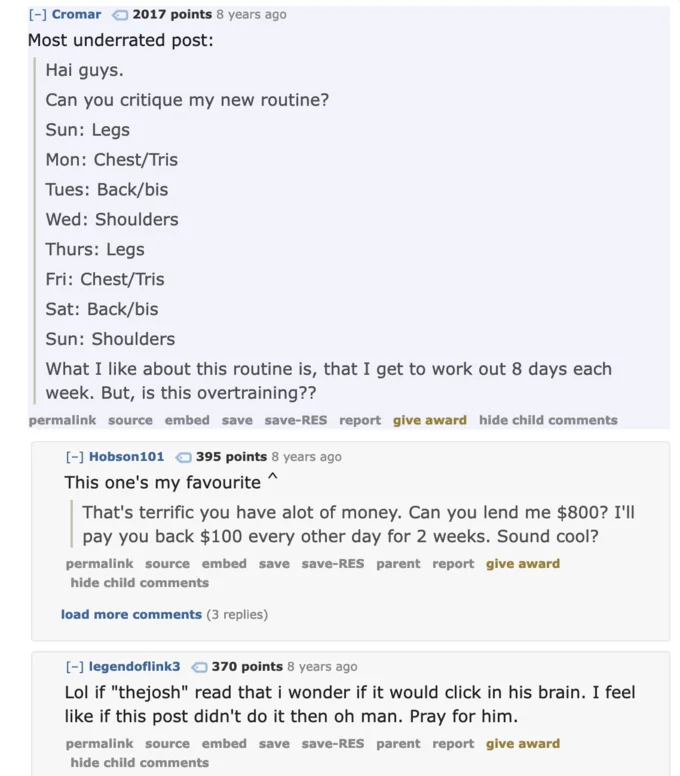 Body Building Forum "Days In A Week" Dispute — Reddit thread quoting a parody '8 days each week' workout routine