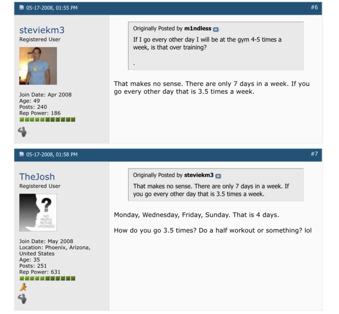 Body Building Forum "Days In A Week" Dispute — Forum posts debating whether every other day equals 3.5 or 4 workouts a week