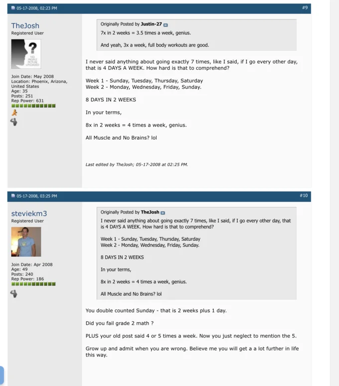 Body Building Forum "Days In A Week" Dispute — Forum posts arguing over whether a two-week workout schedule totals 14 or 15 days