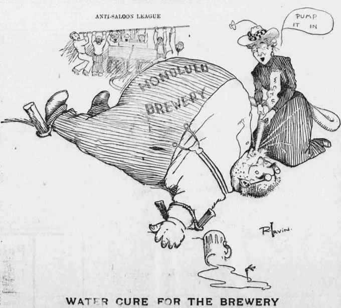 Body Inflation — Vintage political cartoon showing a swollen brewery figure being pumped with water