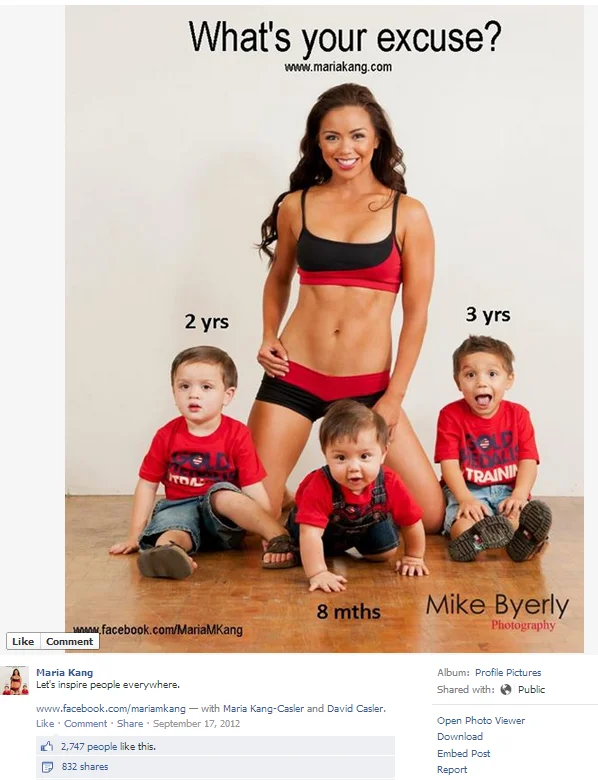 Body Shaming — Screenshot of Maria Kang's 'What's Your Excuse?' fitness photo with her three children