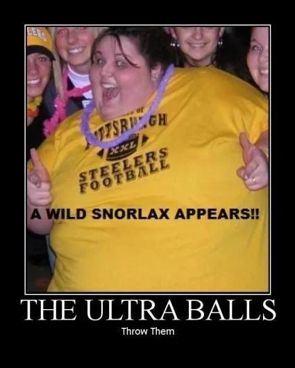 Body Shaming — Demotivational poster comparing an overweight woman to Pokémon's Snorlax with 'Throw the Ultra Balls' caption