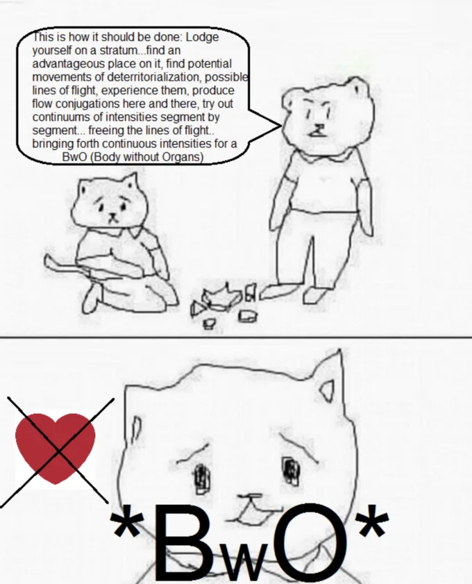 4chan post demanding explanation of Deleuze, body without organs, and rhizomes