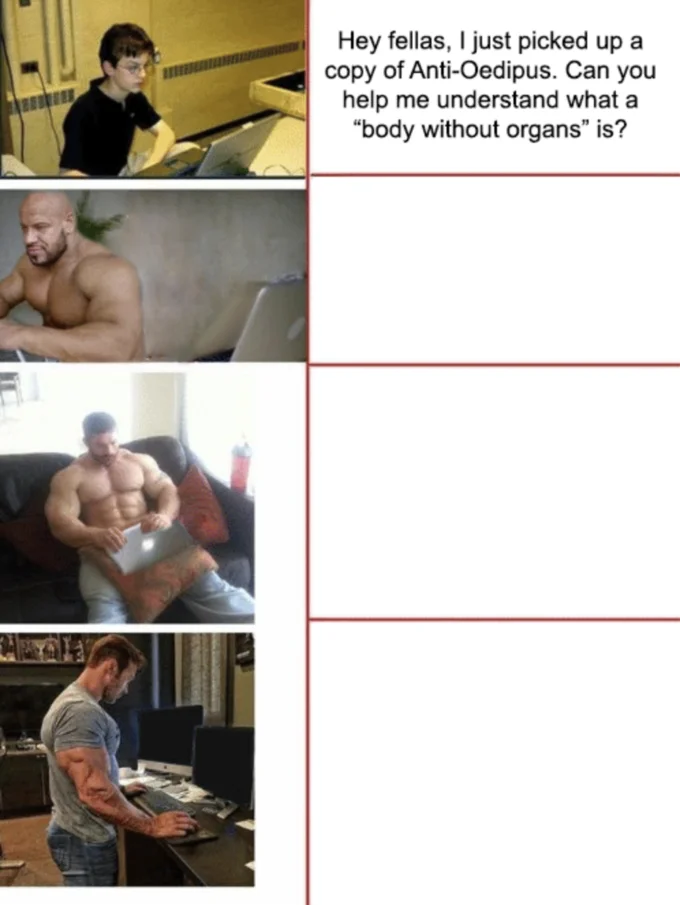 Body Without Organs — SpongeBob meme comparing Lacan as Patrick and Deleuze as a translucent fish