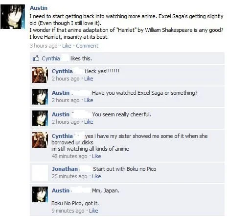 Facebook screenshot of anime recommendation joke suggesting Boku no Pico