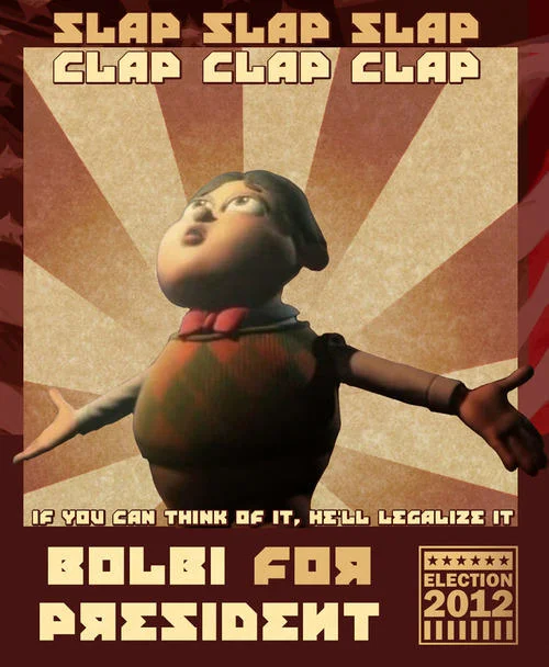 Bolbi Stroganovsky — Propaganda-style campaign poster featuring Bolbi with radiant sunburst background, 'SLAP SLAP SLAP CLAP CLAP CLAP' text, 'BOLBI FOR