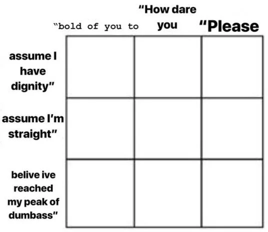 Blank 3x3 alignment chart template with 'bold of you to assume' headers