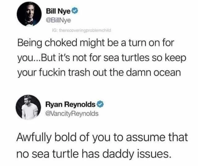 Bill Nye and Ryan Reynolds tweet exchange about sea turtles with 'awfully bold of you to assume' reply