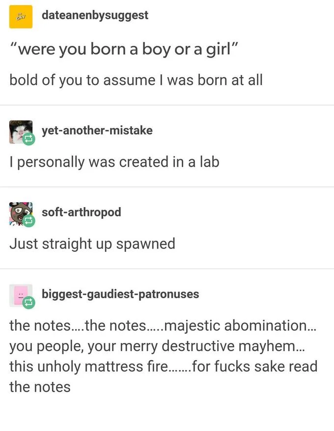 Tumblr thread 'bold of you to assume I was born at all' with lab and spawned replies